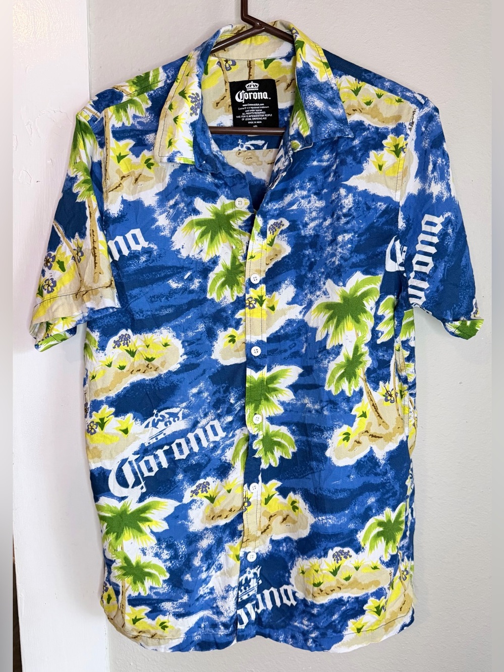 Corona Extra Beer Hawaiian Shirt Palm Tree Tropical Mens Blue XL